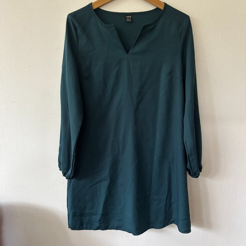 Forest Fairy Shift Dress Womens Medium Blue Green V-neck Goblincore Whimsy